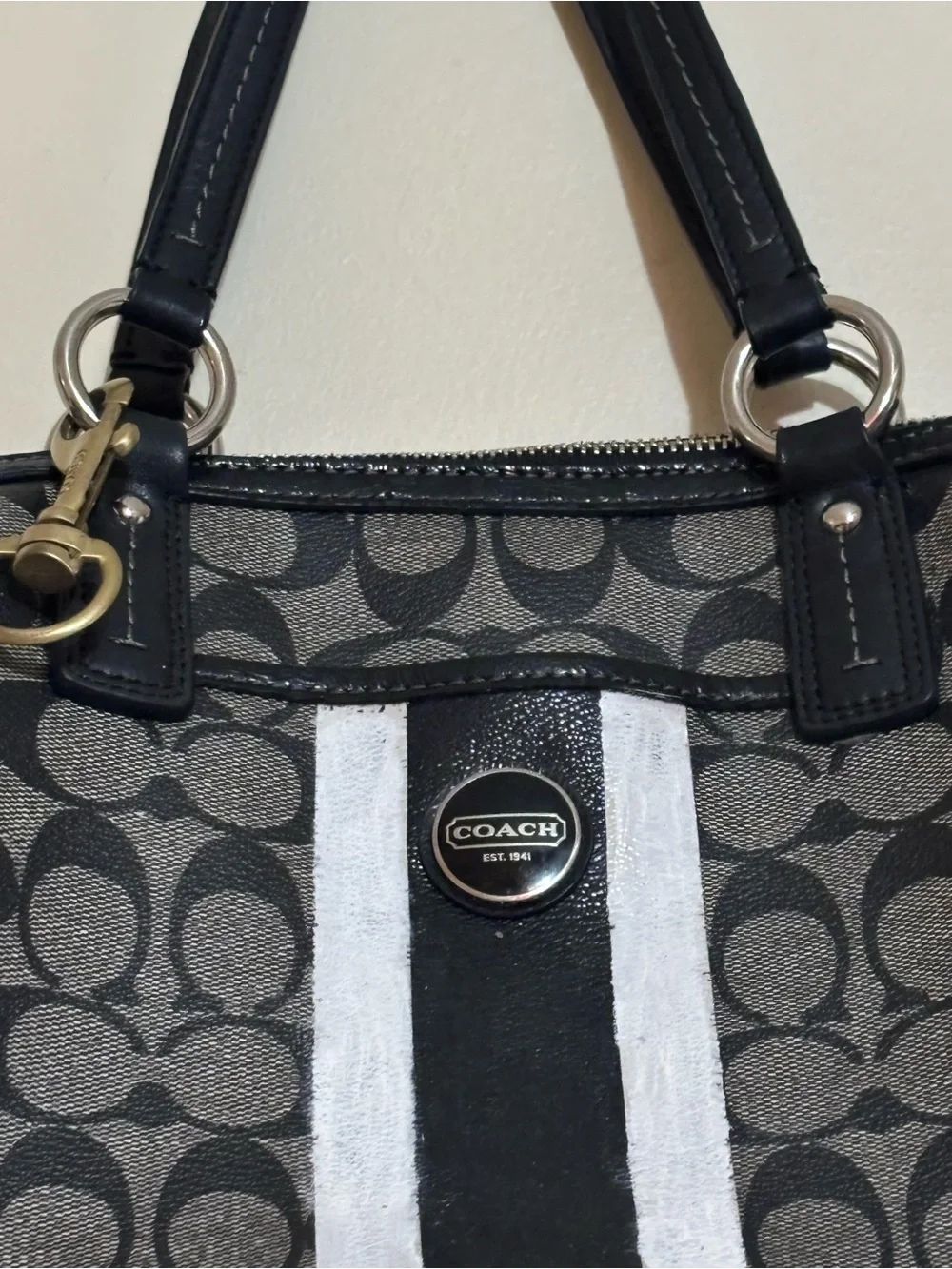 Coach Black & Gray Signature Stripe Satchel with White Accents